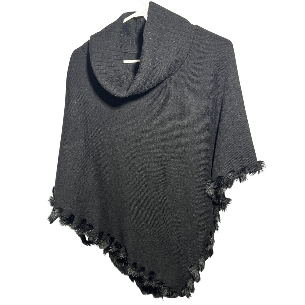 Alfani Women's Black Cowl Neck Poncho Wrap Faux Fur Trim S/M Acrylic Blend‎